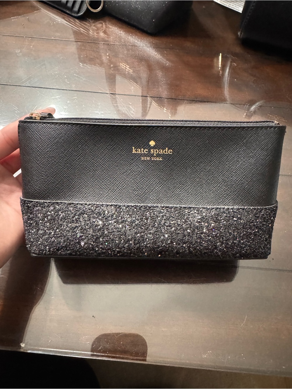 kate spade Black Glitter Bottom Zip Cosmetic Pouch